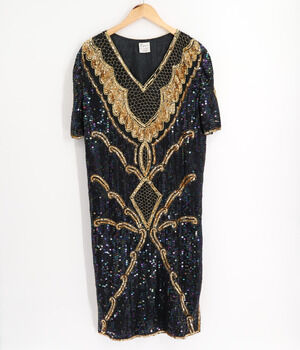 Vintage Silk Cocktail Dress 80s Sequin Flapper Wearable Art Deco Beaded GATSBY